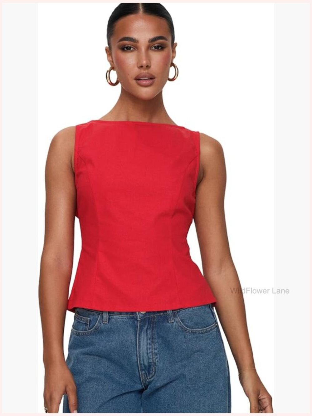 Open-Back Linen Blend Top with Bow Tie Detail
